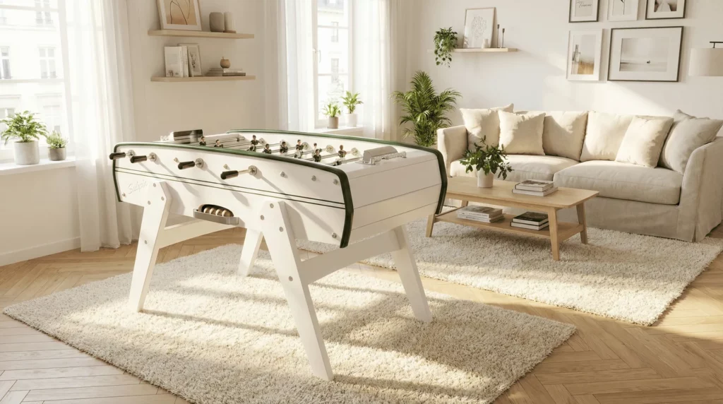 Baby-foot Sulpie blanc à liseré vert et pieds blancs, dans un salon clair de style scandinave