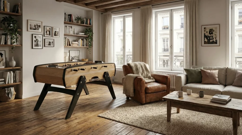 Baby-foot Sulpie design en bois clair à pieds noirs, dans un appartement haussmannien avec bibliothèque et parquet