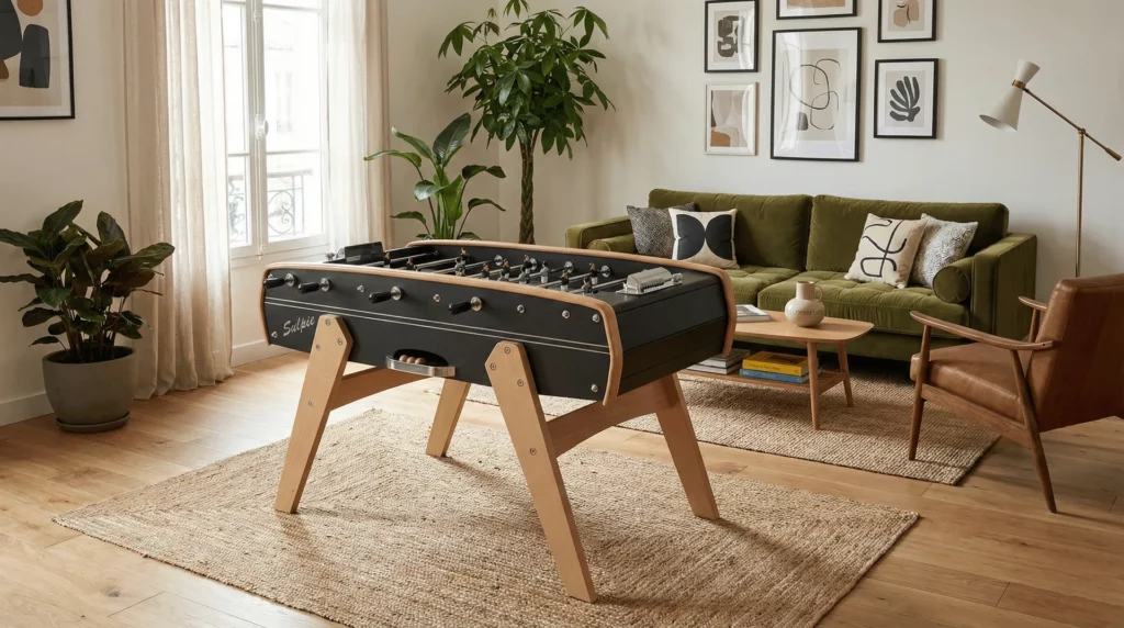 Baby-foot Sulpie design noir avec pieds en bois clair, dans un salon au canapé en velours vert et fauteuil en cuir